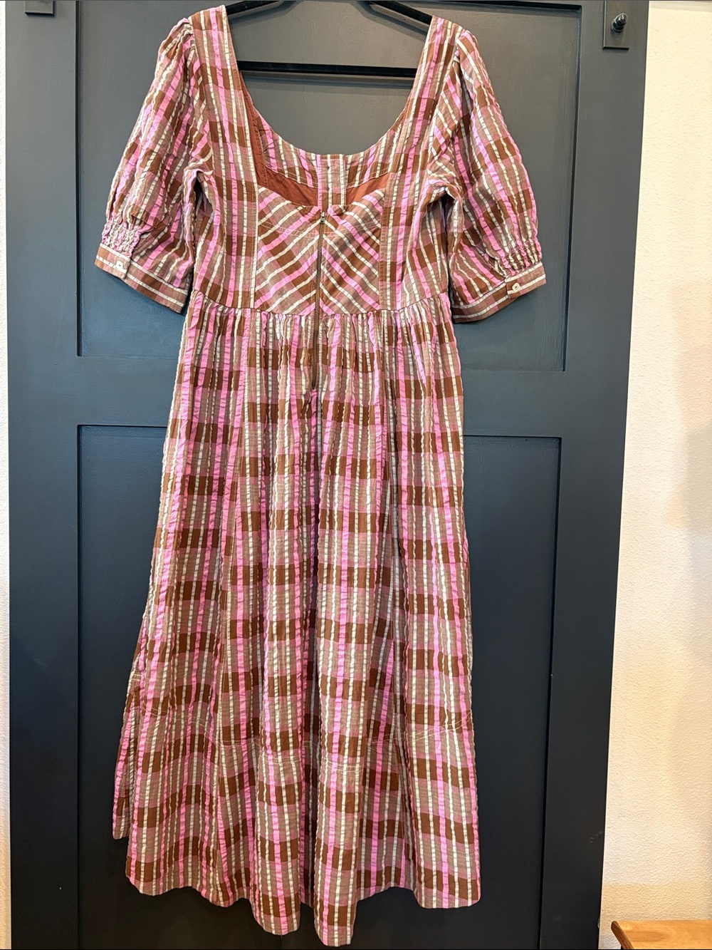 686. Free People Pink and Brown Plaid Cotton Dress with Puff Sleeves - Picture 2 of 4